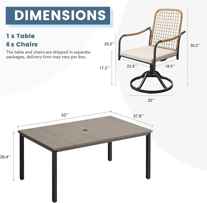 DIFY 7 Pieces Outdoor Dining Set, Metal Patio Table and Chairs Set for 6, 63" Rectangle Dining Table with Umbrella Hole & Wicker Swivel Patio Chairs with Cushions, Grey Wood-Like Tabletop