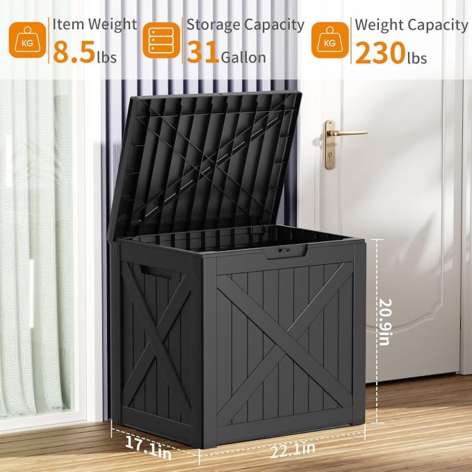 32 GallonOutdoor Storage Box,Resin Deck Boxes Waterproof, IndoorOutdoor Bin for Package Delivery, Patio Cushions, Gardening Tools, Lockable, UV Resistant