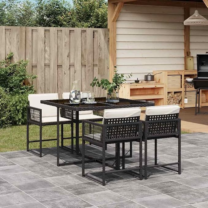 5 Piece Patio Dining Set with Cushions, Black Poly Rattan Outdoor Furniture for Garden Backyard, Space-Saving Foldable Chairs with Cream White Cushions and Tempered Glass Table