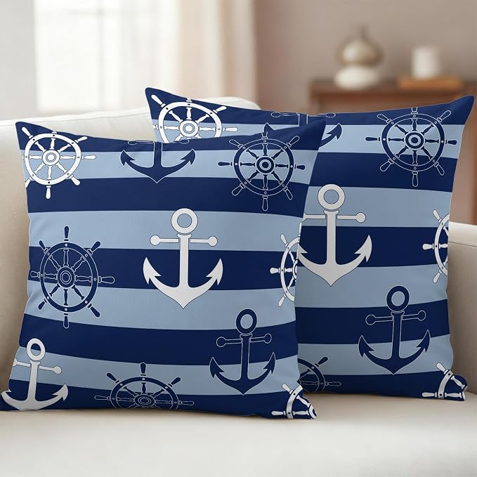 Nautical Ship Anchors Waterproof Outdoor Pillow Covers Set of 2 Home Decor, Navy Blue Horizontal Stripes Lumbar Pillowcase Patio Pillow Covers for Couch Bench Patio Furniture Garden 20x20in