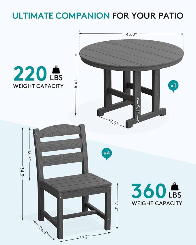 SERWALL 5-Piece Patio Dining Sets, HDPE Outdoor Table and Chairs Furniture Set, 45" Round Dining Table and 4 Armless Dining Chairs, Gray