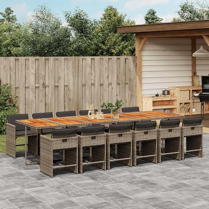 13-Piece Gray PE Rattan Outdoor Dining Set with Acacia Table & Cushions, Compact Patio Furniture Set for Backyard Garden Balcony Porch