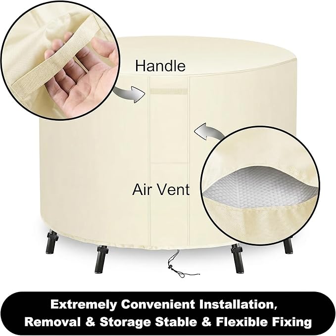 UPGRADE Outdoor Furniture Covers, Custom Size 58"(D) x 10"(H) Round Patio Table and Chair Waterproof Covers, Heavy Duty 420D,Cream