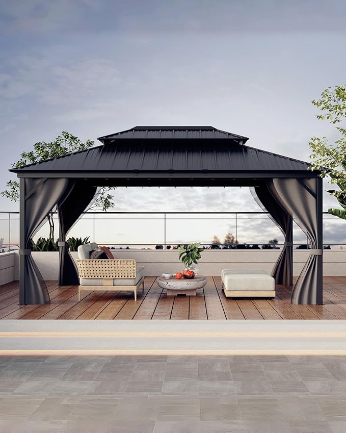 12' x 16' Hardtop Gazebo with Galvanized Steel Double Roof, Heavy Duty Outdoor Gazebo with Netting & Curtains for Patio, Backyard, Deck & Lawn