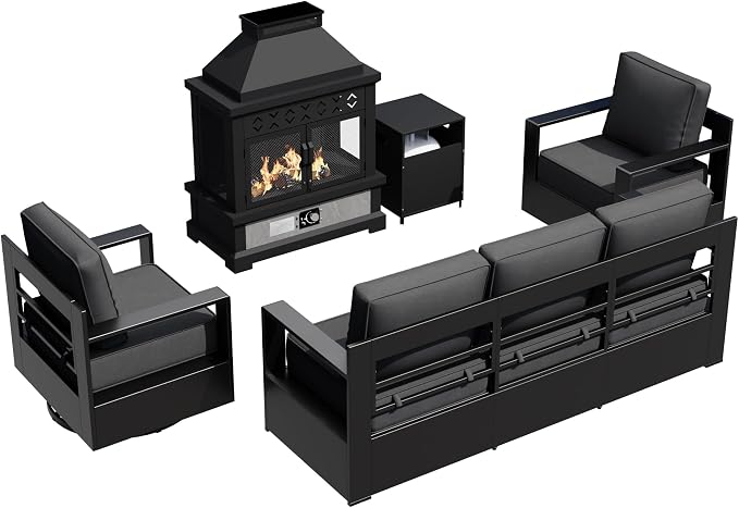 Outdoor Aluminum Furniture Set, 4-Piece Patio Conversation Set, 2 Swivel Chairs, 1 Sofa and 1 Fireplace, All-Weather Metal Frame, 6" Thick Removable Cushions, Deep Setting for Garden and Porch