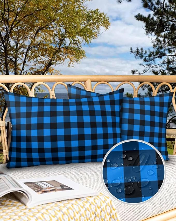 Outdoor Waterproof Throw Pillow Covers Set of 2 Buffalo Plaid Lumbar Pillowcases 20x12 Inches Pastoral Blue Black Checked Decorative Pillows Cushion Case Patio Pillows for Couch Bed Chair Garden