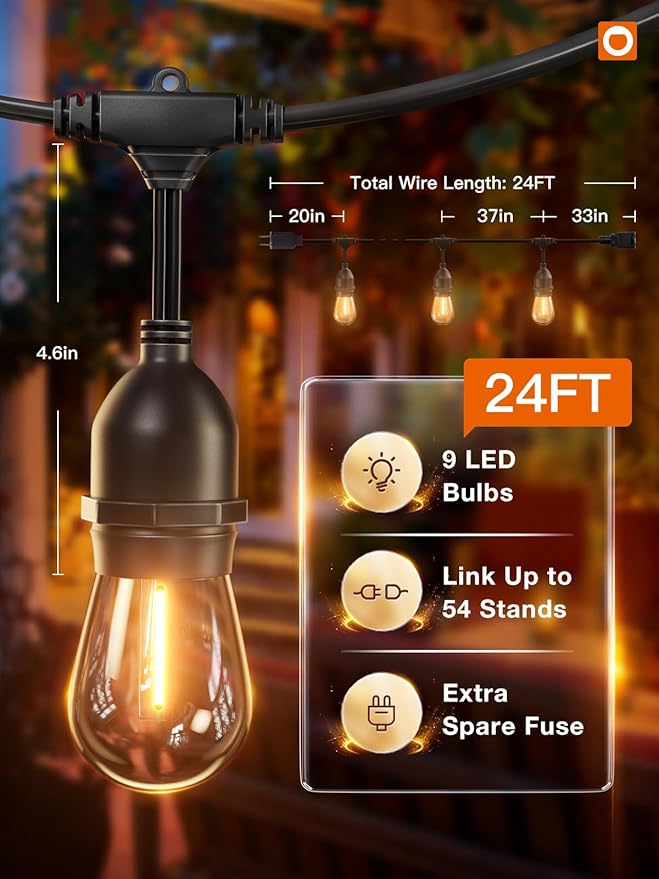 addlon LED Outdoor String Lights 24FT Edison Vintage Weatherproof ETL | Commercial Grade Strand with Shatterproof Bulbs, Decorative Hanging Lights for Patio Backyard Garden Cafe Bistro Deck