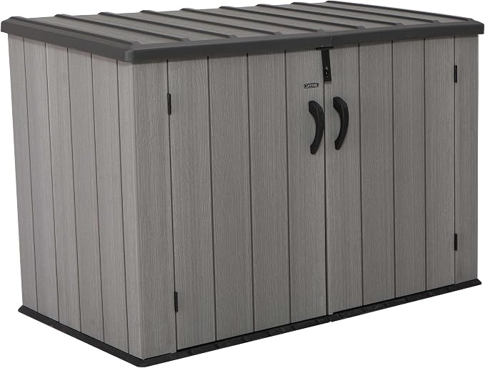 LIFETIME Horizontal Outdoor Storage Shed, Weather Resistant Resin Storage Can Fit Two Large Garbage Cans, Lockable Doors, Spring‑Hinge Lid, Low‑Maintenance Backyard Utility Shed