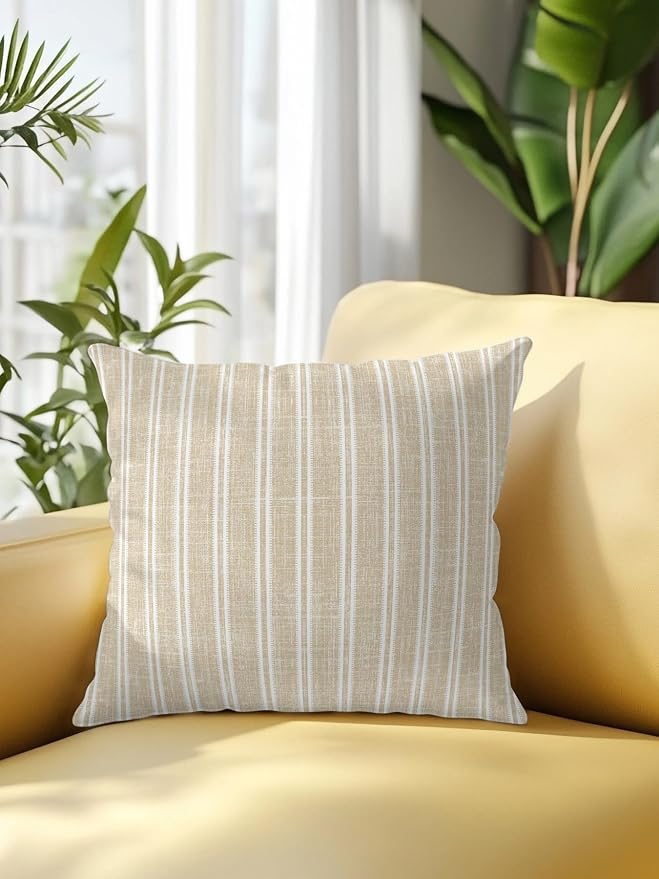 Waterproof Outdoor Pillow 1 Pack Beige Linen Striped Decorative Throw Pillows Cover & Insert 18x18 Inch Pillowcase Vertical Stripes Lines Pillows for Couch Sofa Bed Patio Furniture Indoor Outdoor