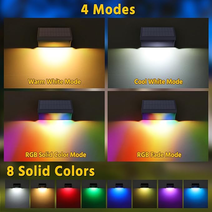 NIORSUN Outdoor Fence Lights, 24 Pack Waterproof LED Solar Fence Lights with 1500mAh Battery, Warm White/Cool White/RGB, Easy-to-Install Wall Light for Deck, Patio, Railing, Stairs, Backyard – Black