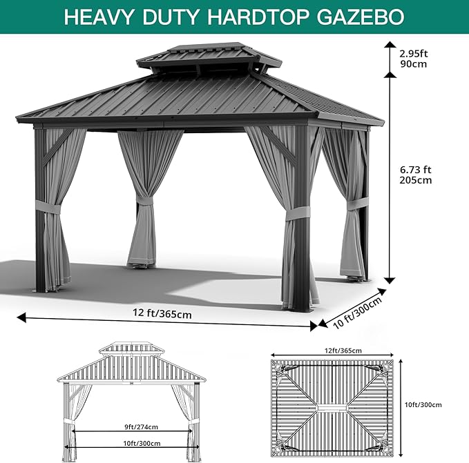 12'x10' Hardtop Gazebo, Heavy Duty Aluminum Permanent Hardtop Gazebo Outdoor Pavilion with Curtains and Netting for Garden