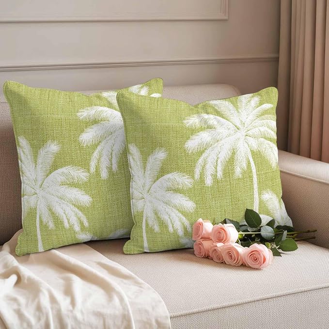 Outdoor Pillow Covers 24x24 Inch Set of 2, Yellow Palm Trees Waterproof Throw Pillow Covers, Farmhouse Tropical Summer Beach Decorative Cushion Pillowcases for Couch, Sofa, Bed, Garden, Patio