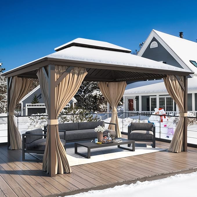 YOLENY 10'x12' Hardtop Gazebo with Double Galvanized Steel Roof, Gutters, Aluminum Frame, Curtains & Netting, Outdoor Metal Gazebos for Patio Garden Lawn Parties