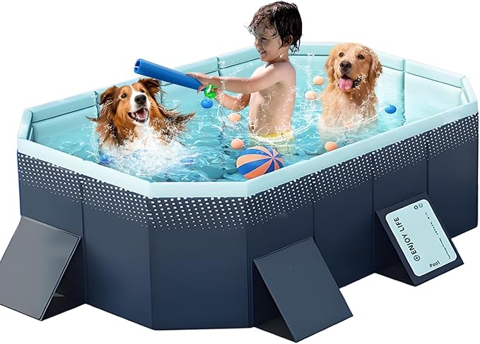 Large Foldable Swimming Kiddie Pool 83" L x 55" W x 22" H – Hard Plastic Square Pool for Kids & Dogs, Reinforced Sidewalls for Backyard Use