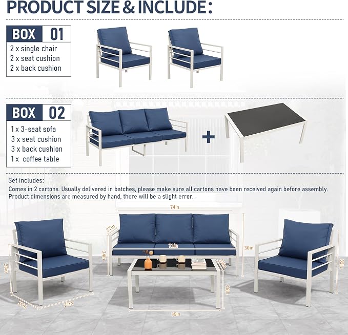 Oasishine Patio Furniture Set Aluminum 4 Pieces White Metal Outdoor Furniture Set Glass Coffee Table with No-Slip Cushions and Waterproof Covers, Navy Blue