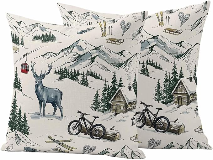 Mountain Cabin Outdoor Pillow Covers 20"x20" Set of 2, Winter Green Pine Tree Wooden House Cabin Waterproof Throw Pillow Covers for Patio Furniture, Decorative Cushion Covers for Porch