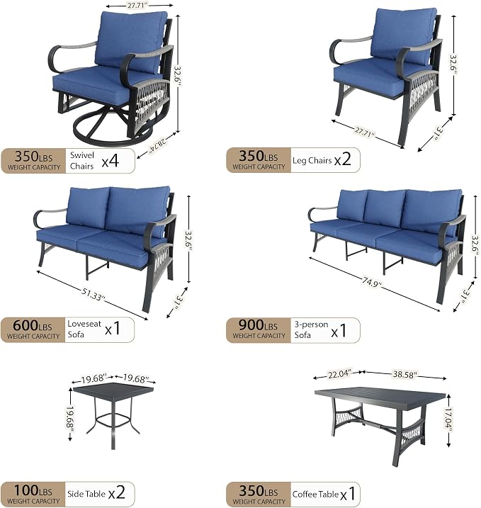 11-Piece Modern Patio Furniture Set, All Weather Metal Outdoor Conversation Sets with 5.1" Extra Thick Cushion for Backyard Garden Deck Porch Poolside, Blue
