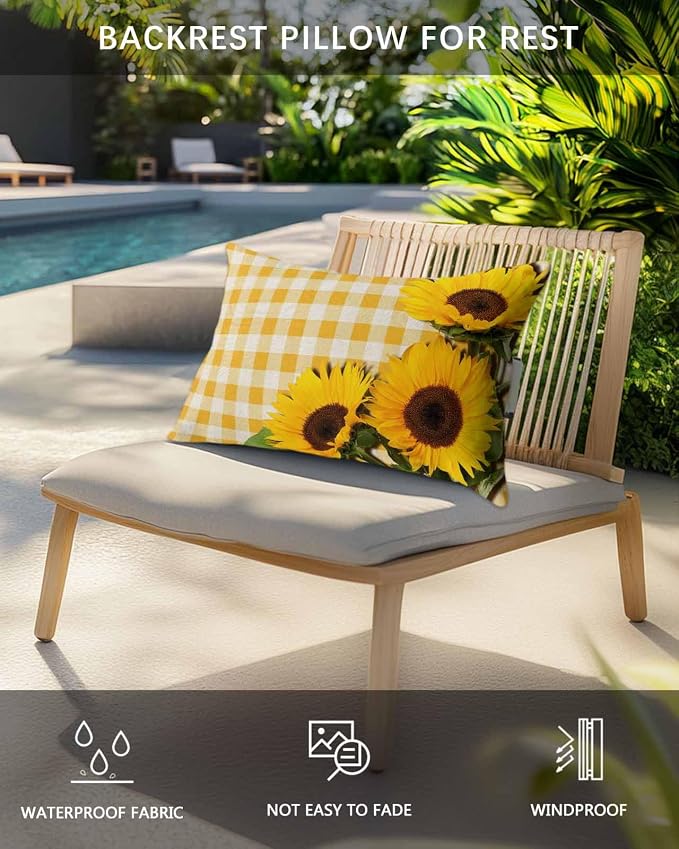 Outdoor Pillows Covers with Inserts Rustic Farm Sunflower Yellow Buffalo Plaid Waterproof Recliner Pillow with Adjustable Strap Throw Pillows for Patio Furniture Pool Lounge Chair, 11x16 inch, 1PCS