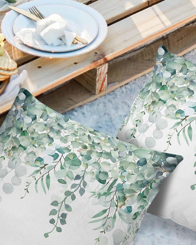 Eucalyptus Leaves Outdoor Pillow Covers Pack of 2, Watercolor Green Plants Waterproof Pillow Covers Seasonal Spring Summer Throw Pillowcase for Patio Funiture Garden Tent, 18 x 18 inch