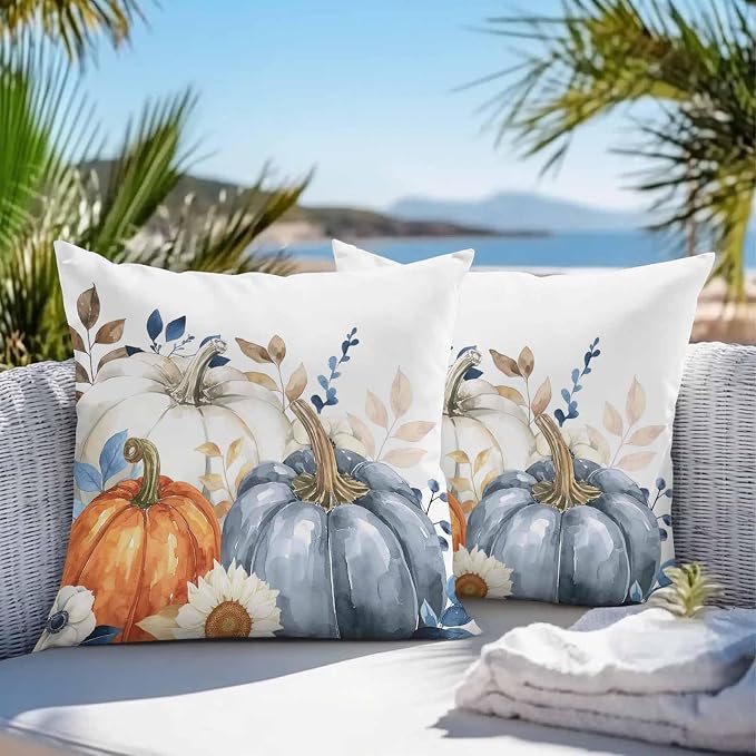 Fall Outdoor Throw Pillows Covers 16x16 inch Set of 2 Waterproof Blue White Pumpkin Zippered Cushion Covers for Patio Furniture, Autumn Eucalyptus Leaves Flower Thanksgiving Lumbar Pillowcases