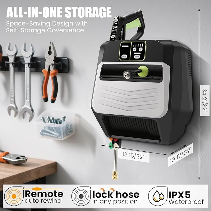 Wall Mounted𝐌𝐀𝐗𝐏𝐒𝐈𝟓𝟓𝟎𝟎 𝐏𝐫𝐞𝐬*𝐬𝐮𝐫𝐞 𝐖𝐚*𝐬𝐡𝐞𝐫 - 5 Levers with 66FT Retractable Hose for Car/Driveway,Automatic Rewind, Any Length Lock,Black