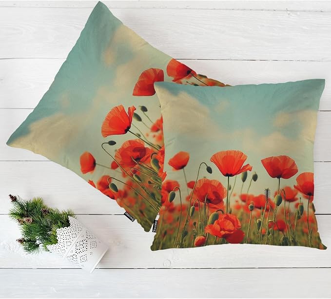 Swono Poppy Bed Pillow Covers, Vintage Blossom Red Roses Poppies Flied Decorative Throw Pillow Cover Cushion Case for Sofa Bed Living Room Farmhouse Decorations, 18"X18" 2 Pieces Pillowcases