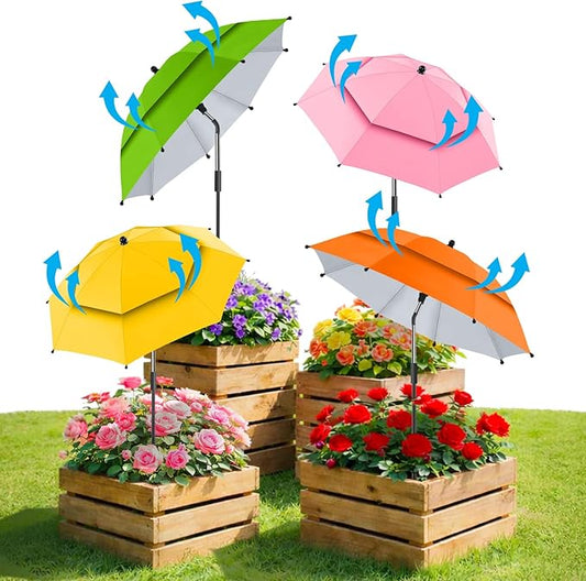 4 Pack 24.9" Double Canopy 47.2" Height Plant Umbrellas for Outdoor Plants, 3D Stakes 360° Adjustable Plant Shades for Outdoor Plants, Garden
