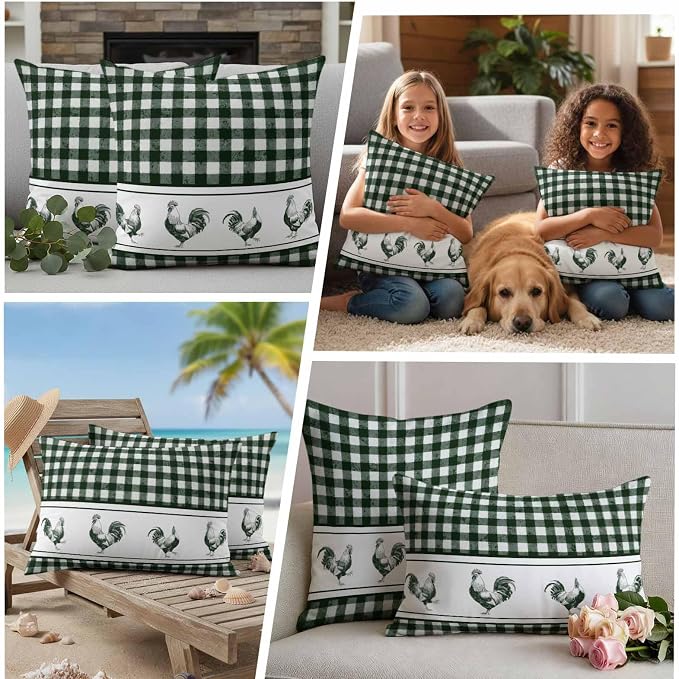 Outdoor Waterproof Throw Pillow Covers Set of 2 Chicken Cock Rooster Pillowcases 24x24 Inches Farmhouse Animal Green Buffalo Plaid Decorative Pillows Cushion Case Patio Pillows for Couch Bed Chair