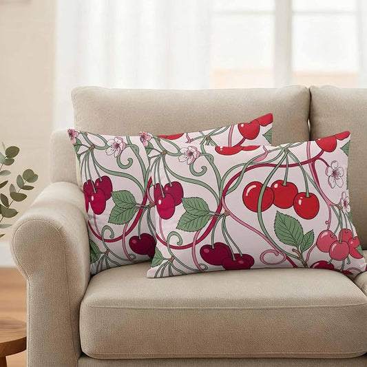 Red Cherry Outdoor Pillow Covers 20"x12" Set of 2, Vintage Red Cherry Pink Floral Vines Pink Waterproof Throw Pillow Covers for Patio Furniture, Decorative Cushion Covers for Porch