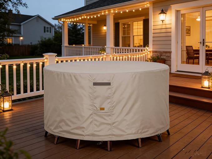 600D Heavy Duty Waterproof Patio Furniture Covers UV Resistant Round Outdoor Table Chair Covers Medium Round 62"Diax28"H Beige