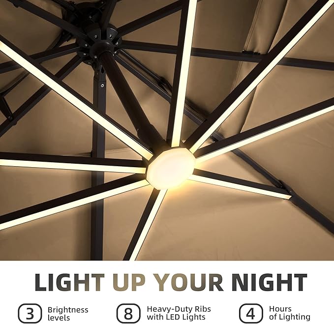 9 X 12 FT Cantilever Patio Umbrella with Led Lights Outdoor Heavy Duty Double Top Rectangle Offset Umbrellas with 360-degree Rotation for Pool Deck Backyard, Beige
