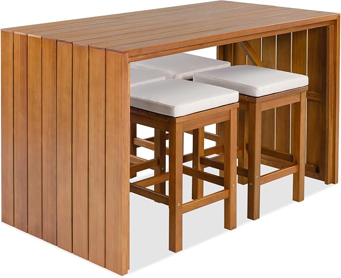 5 Piece Outdoor Bar Set, Patio Acacia Wood Bar Height Table & Four Stools with Cushions, Poolside, Backyard Furniture for Stylish Entertaining