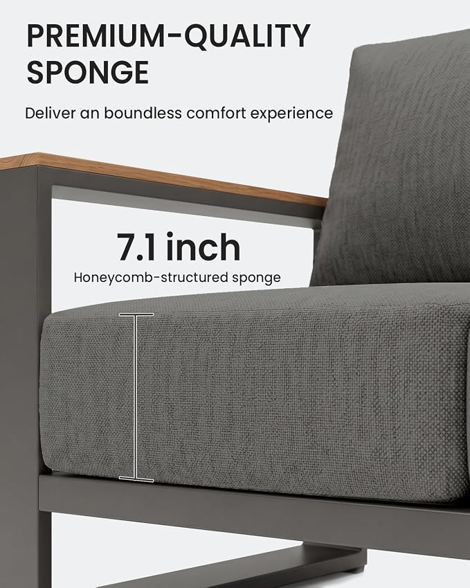 Oversized Aluminum Patio Furniture Set, 5 Pieces Luxury Outdoor Furniture Set with 7.1" Extra Thick Cushion, Modern Outdoor Sectional with Coffee Table for Porch, Garden and Deck, Graphite