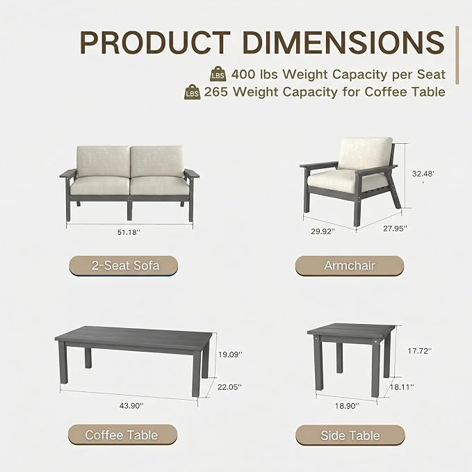 Kingdura HDPE Patio Furniture Set, 3 Piece Outdoor Sectional Sofa with Coffee Table, All Weather Outdoor Couch Conversation Set with Washable Cushions for Backyard Poolside Balcony