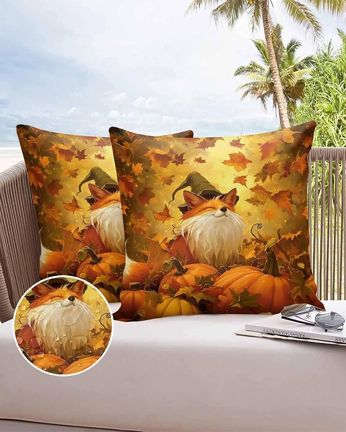 Outdoor Waterproof Throw Pillow Covers 24x24in, Fall Thanksgiving Cute Fox Cushions for Garden Patio Furniture Chairs Set of 2, Pumpkins Maple Leaves Home Decor Couch Sofa Polyester Pillow Cases