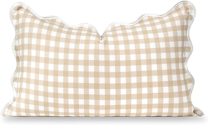 Hofdeco Premium Coastal Hampton Scalloped Patio Indoor Outdoor Lumbar Pillow Cover Only, 12"x20" Water Repellent for Backyard, Couch, Poolside, Neutral Tan Print Gingham