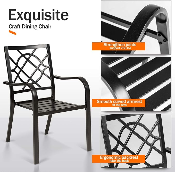 SUNCROWN 4 Pieces Wrought Iron Black Chairs 300 Lbs Outdoor Dining Chairs, Patio Metal Stackable Chair with Armrest for Backyard, Garden, Poolside