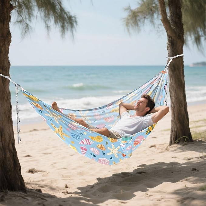 Camping Hammock Outdoor Hammocks for Outside Hand Drawn Sea Shells Beach Trees Portable Lightweight with Pockets Tree Straps Indoor