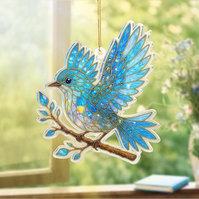 Blue Bird Stained Glass Ornament Acrylic Window Hanging Suncatcher – Bird Lover Gifts, Wildlife Animal Decor for Christmas Tree, Rearview Mirror, Garden, Home Accessories, Unique Gifts for WomenSun-17