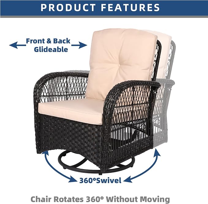 3-Piece Patio Wicker Conversation Bistro Set, Rattan Gliding Rocking Swivel Chairs with Cushion and Glass Top Side Table Outdoor Furniture Sets for Garden Backyard, Dark Brown