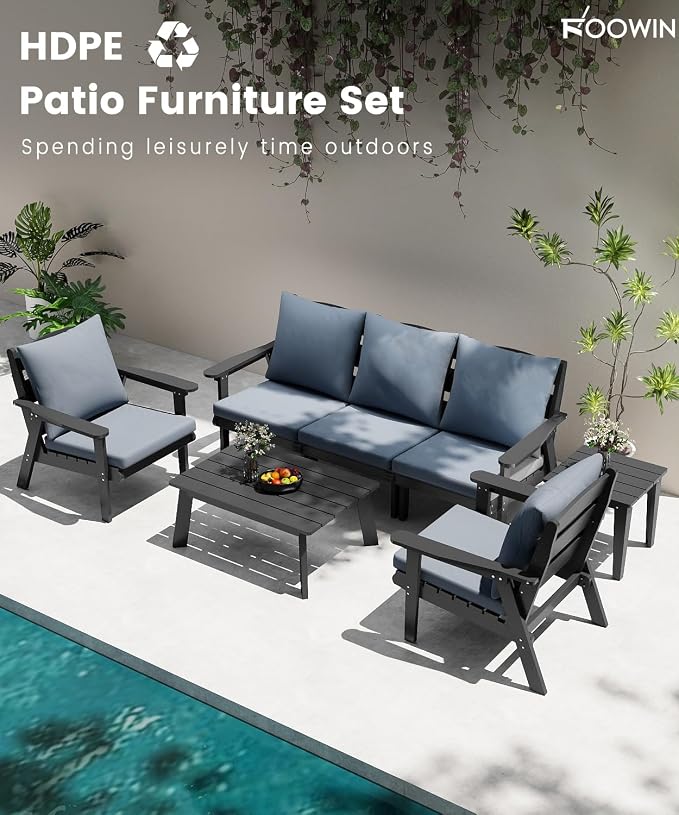 FOOWIN 7-Piece Patio Furniture Set, HDPE All-Weather Outdoor Conversation Set with Thick Cushions, Sectional Patio Sofa Furniture for Deck, Porch, Lawn, Garden, Grey Frame & Grey Cushion