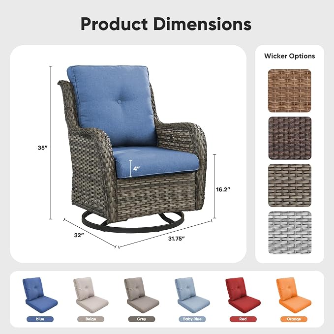 Belord Outdoor Swivel Chairs Set of 2,Patio Wicker Rocker Chairs,All Weather Patio Conversation Furniture Set, Ideal for Porch Balcony Deck Yard, Gray Wicker/Blue