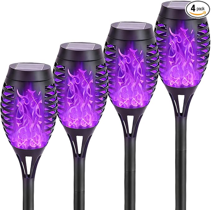 Solar Torch Light with Flickering Flame,4Pack Solar Lights Outdoor,Waterproof Solar Powered Yard Garden Lights,Solar Flame Light,Torches Lighting for Outside Patio Lawn Path Decorations (Purple)