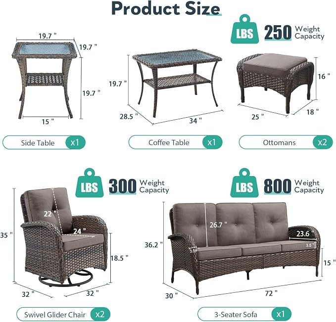 7 Piece Patio Furniture Set - Wicker Patio Conversation Set with Swivel Glider, 3 Seat Sofa, 2 Ottomans, Glass Side Table and Coffee Table for Deck Backyard - Brown Wicker Grey Cushion