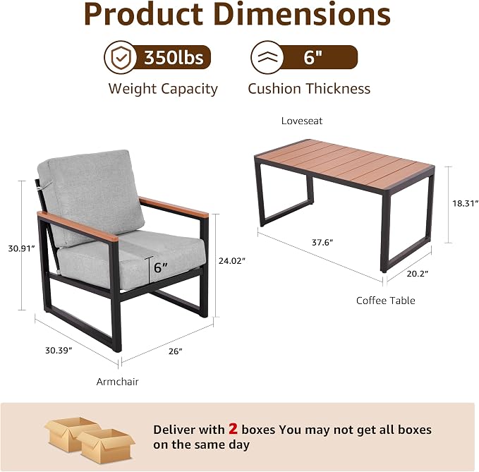 NATURAL EXPRESSIONS Aluminum 3-Piece Patio Bistro Set, Outdoor Furniture Set with 2 Armchairs and 1 Table, Fauxwood Armrest, 6" Olefin Cushion, All-Weather Patio Chair for Porch, Yard, Balcony, Deck