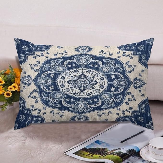 Set of 2 Classical Navy Blue Damask Pattern Pillow Covers 12x18in Farmhouse Canvas Cushion Covers Outdoor for Couch Chair Home Decor for Family Friends