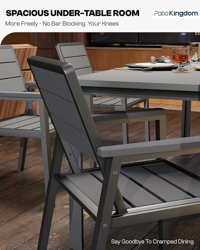 Outdoor Dining Set for 6 with 15FT Umbrella, Aluminum & HDPE Outdoor Table and Chairs, Weather-Resistant All-Season Backyard, Deck & Patio Dining Furniture with 2" Umbrella Hole (Grey)