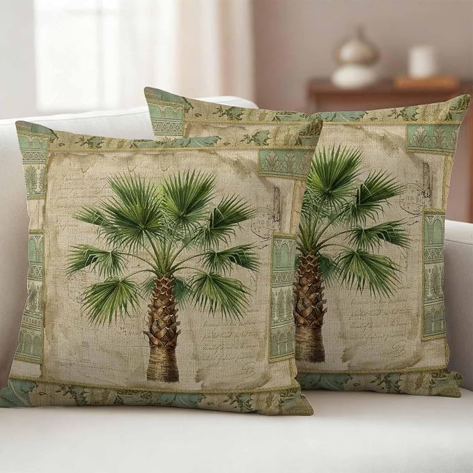 Summer Palm Trees Outdoor Pillow Covers 18"x18" Set of 2, Green Tropical Leaves Vintage Boho Texture Waterproof Throw Pillow Covers for Patio Furniture, Decorative Cushion Covers for Porch