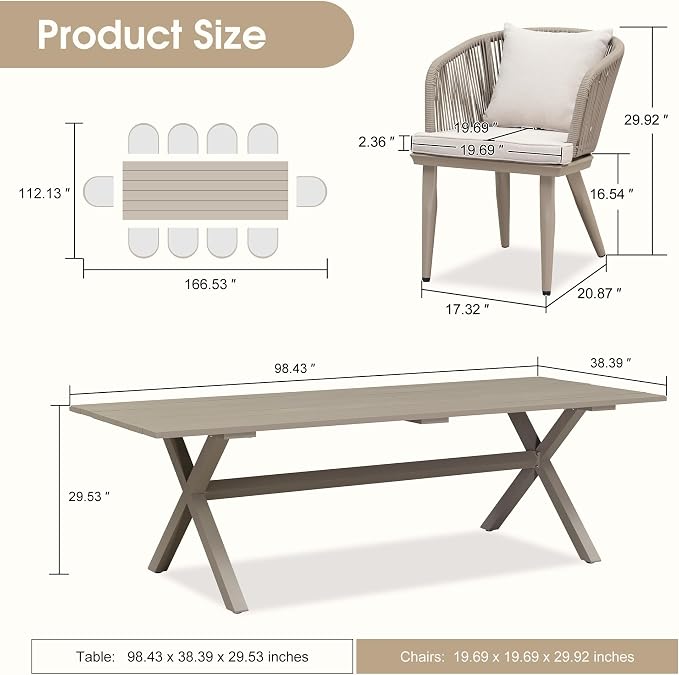 PURPLE LEAF 11 Pieces Patio Dining Set Wicker Outdoor Furniture Rectangular Table and Chairs Set for Garden Deck Aluminum Frame Backyard Kitchen Set, Cushions and Pillows Included Champagne
