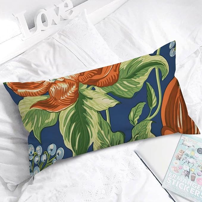 Orange Floral Chinoiserie on Blue Lumbar Pillowcases Peony Chic Asian Pillow Case 12x24in Modern Accent Square Couch Sofa Cushion Covers for for Sofa Couch Bedroom Decoration